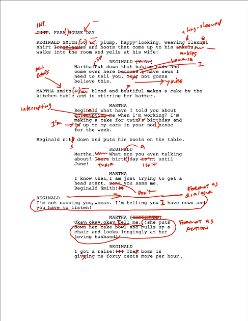 A screenplay page marked up in red pen correcting formatting mistakes