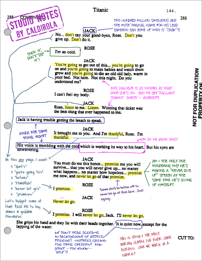 A produced screenplay page annotated with study notes in the margins
