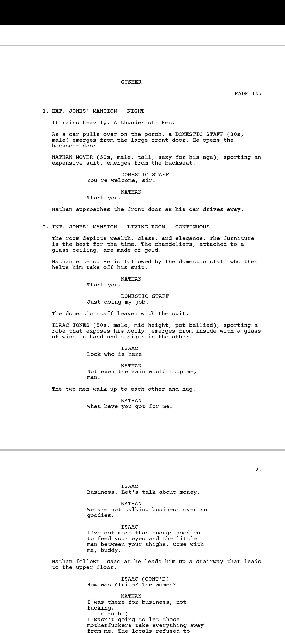 A correctly formatted screenplay page showing scene headings, action and dialogue